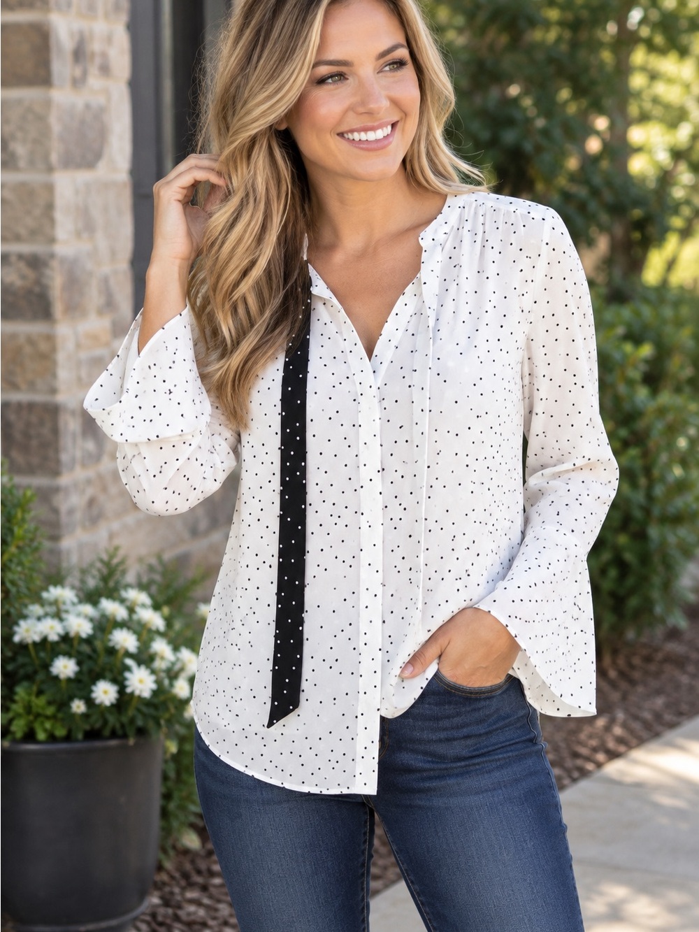 White House Black Market Polka Dot Tie Neck Blouse Size 8 Bell Sleeve